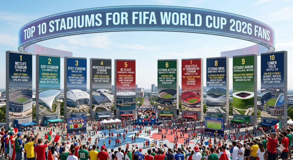 Generate Photo Top 10 Stadiums for FIFA World Cup 2026 Fans